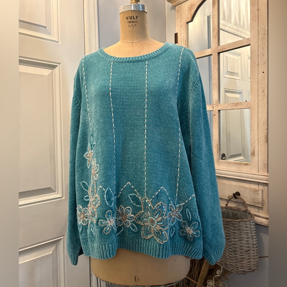 Alfred Dunner Floral Embroidered  and Beaded Y2K Chunky Sweater‎ 3X Grandmacore